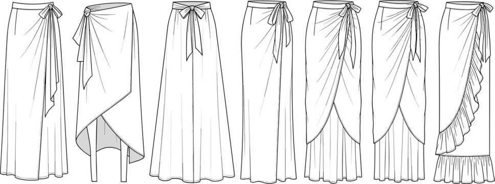 CAD drawing flat vector illustration of women's wrap skirts, fashion technical sketch, beachwear, ruffle hem, sarong style designs.