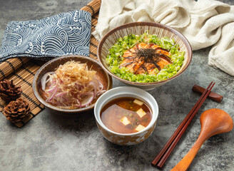 Japanese Meal Set with Salmon Donburi, Onion Salad, and Miso Soup in bowls side view of hong kong...