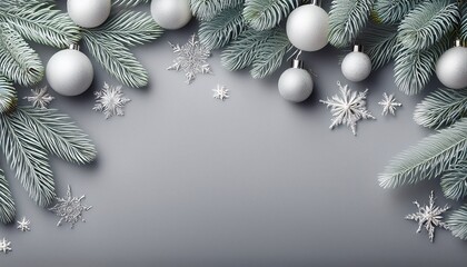 christmas grey banner with frosted christmas tree branches and baubles