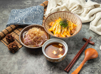 Japanese Set with Salmon Mayo Donburi, Onion Salad & Miso Soup in bowls side view of hong kong food