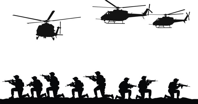 Military soldiers with rifles in combat formation and helicopters flying above, tactical war scene silhouette, army troops, black vector illustration, battlefield defense concept