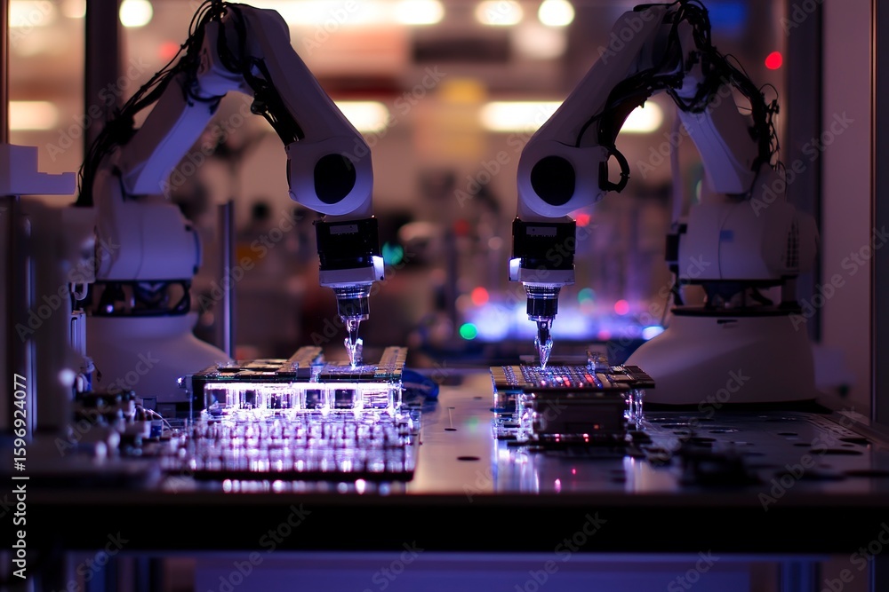 Poster robotic arms rapidly assemble microchips in a clean lab environment with advanced technology