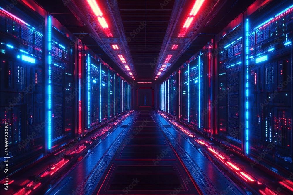 Poster endless rows of high-tech servers illuminated by blue and red led lights in a modern server room at 
