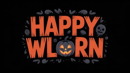 Happy halloween carved pumpkin with spooky text and decorative elements on a black background
