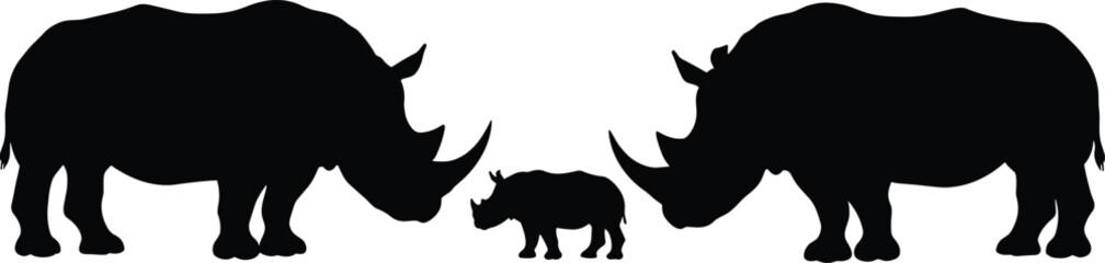 Rhino family silhouette vector illustration, black and white wildlife graphic with adult and baby rhinoceroses, endangered animal design for nature, safari, or conservation projects © Hasem Creative