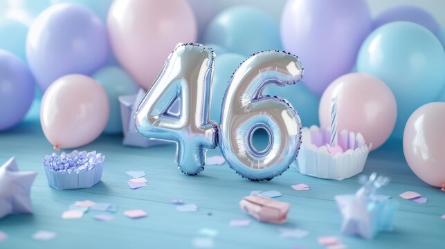 Celebration of 46th birthday with balloons and decorations in pastel colors