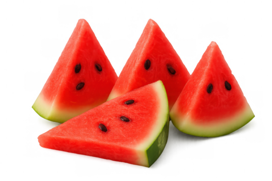 Ripe watermelon wedges displaying vibrant red flesh, black seeds, contrasting green rind on clean transparent surface