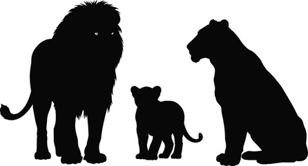 Silhouette of lion family with male, female, and cub – African wildlife vector illustration depicting majestic lion pride in black isolated animal design