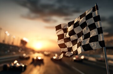 Checkered Flag Waving at Sunset with Formula One Cars – Blurred Background Enhances Focus on Speed, Motion, and Racing Finale on Outdoor Track