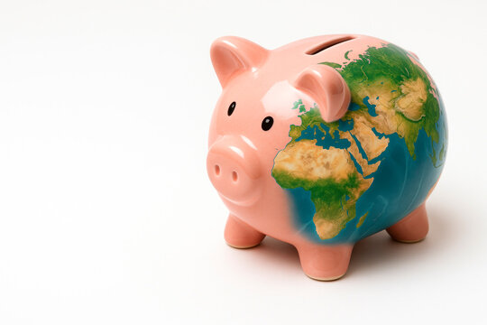 Piggy bank in the form of a pig with a world map on its side. Space for text.