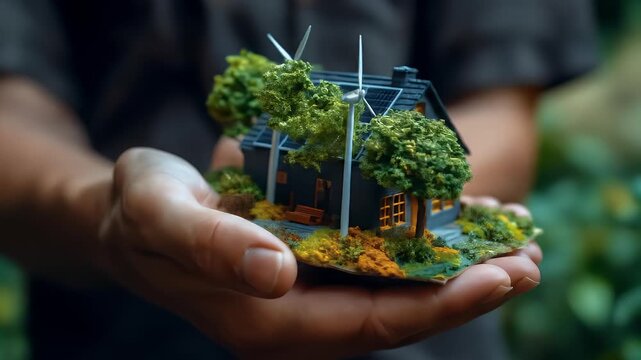 Miniature house model with solar panels and windmills held in hands
