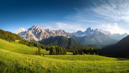 Fototapeta premium scenic mountain range overlooking green meadow