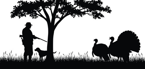 Turkey hunting scene silhouette with hunter, dog, and wild turkeys under tree, black and white vector illustration, outdoor wildlife hunting design graphic