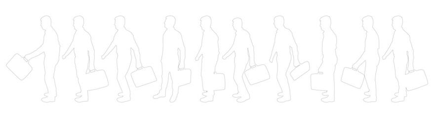 Contours of businessman walking and carrying briefcase, set. Vector illustration