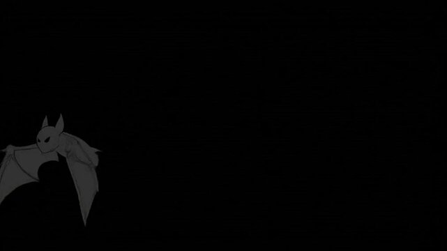 A gray bat with pointed ears flies against a black background