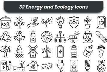 Vector art of a set of 32 energy and ecology icons isolated on white background