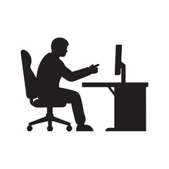 Silhouette of a businessman or person working on a laptop at a desk or table, perhaps a student typing, an illustration for office work