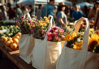 Cloth Tote Bags Filled with Fresh Produce – Colorful Farmers’ Market Scene with Vegetables, Flowers, and Sunlight at a Lively Outdoor Street Fair
