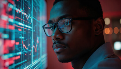 Man in glasses studies complex financial charts on glowing monitor. Screen displays fluctuating graphs, red, blue lines indicating data analysis. Programmer works late in office with futuristic