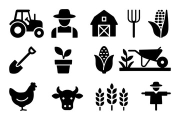 Farm equipment and harvest icon set: silhouette tractor, barn, and crop symbols for agriculture