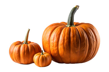 Fototapeta premium Three different sized orange pumpkins, two small and one large, isolated on a transparent background