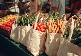 Cloth Tote Bags Filled with Fresh Produce – Colorful Farmers’ Market Scene with Vegetables, Flowers, and Sunlight at a Lively Outdoor Street Fair