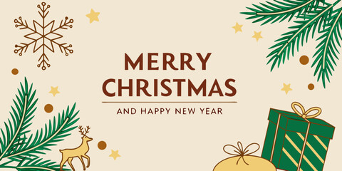 merry christmas red typography cream background pine branches golden snowflakes gift box design