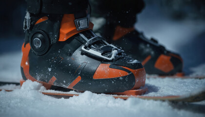 Close-up of black, orange ski boots deep in fresh snow. High-performance winter sports gear designed for stability, comfort. Durable construction for challenging mountain terrain, extreme cold