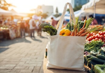 Cloth Tote Bags Filled with Fresh Produce – Colorful Farmers’ Market Scene with Vegetables, Flowers, and Sunlight at a Lively Outdoor Street Fair