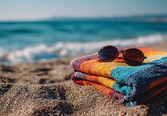 Colorful Beach Towel and Sunglasses on Sand – Summer Vibes by the Ocean with Clear Blue Water and Relaxing Coastal View