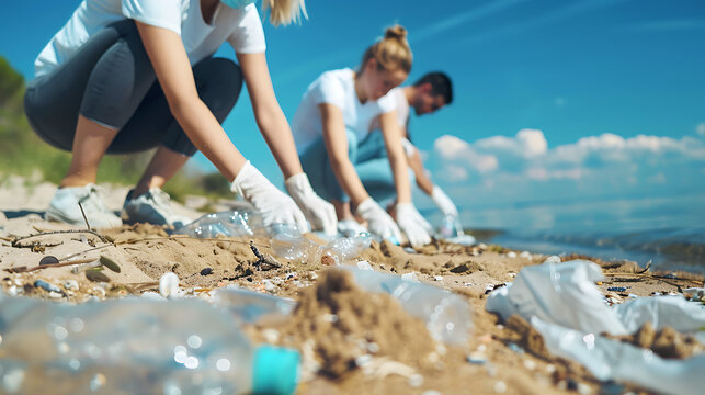 Photo of volunteers cleaning up plastic waste on a sandy beach