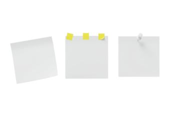 Three distinct blank white sticky notes: a tilted rectangular, a square with vibrant yellow tabs, and a pinned curved one on a transparent, isolated background, concept of organization and efficiency