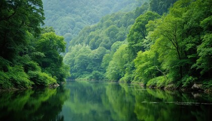 Obraz premium Green forest with calm, reflective river. Dense foliage on hillsides creates peaceful natural scene. Sunlight filters through trees, enhancing vibrant ecosystem, tranquil atmosphere for relaxation.