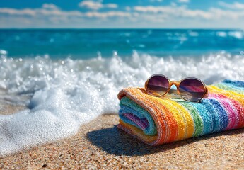 Colorful Beach Towel and Sunglasses on Sand – Summer Vibes by the Ocean with Clear Blue Water and Relaxing Coastal View