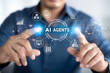 Businessman using AI agent interface for smart automation and digital communication. Concept of artificial intelligence, chatbot, virtual assistant, and generative AI technology.