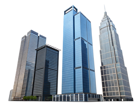 A group of four skyscrapers with different architectural styles against a black background in daylight