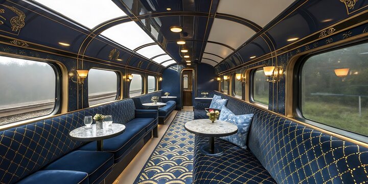 Luxurious vintage train carriage interior with blue velvet seating