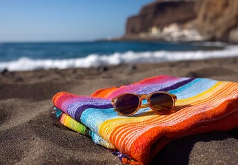 Colorful Beach Towel and Sunglasses on Sand – Summer Vibes by the Ocean with Clear Blue Water and Relaxing Coastal View