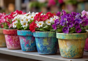 Colorful Flower Pots with Daisies, Petunias, and Sweet Peas – Vibrant Painted Planters on Indoor Shelf for Bright Home Decor