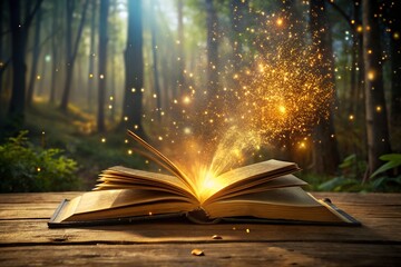 Photo of an ancient, open book emits magical glowing light and sparkles in an enchanted forest setting