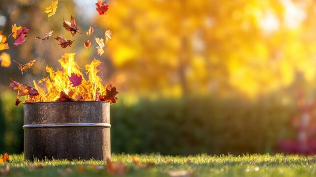 Colorful autumn leaves catch fire in a backyard burn pit during fall afternoon