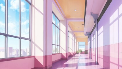 Anime style illustration of high school corridor with balcony overlooking city. Bright daylight streams through large windows, casting geometric shadows. Vibrant colors, detailed architecture create