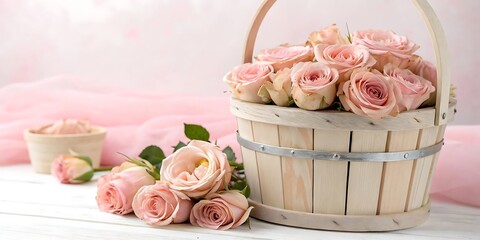 Pink roses arranged in a rustic wooden basket