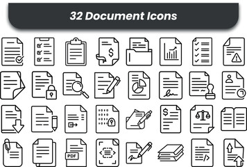 Vector art of a set of 32 document icons in line style isolated on white background