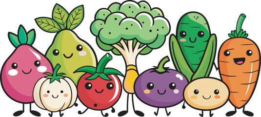 Obraz premium Cute cartoon vegetables and fruit characters smiling together
