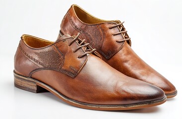 Elegant Brown Leather Shoes on White Background – High-End Product Photography with Studio Lighting Highlighting Texture and Craftsmanship