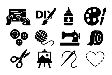 Crafting essentials icons: sewing, painting, and diy tools collection