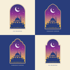 Vector illustration of modern style Ramadan Kareem and Eid Mubarak greeting cards. Windows and arches with moon, mosque dome and Islamic pattern