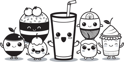 Kawaii food and drink characters with smiling faces