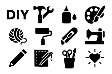 Diy craft icons: hammer, wrench, sewing, glue, and more in bold silhouette